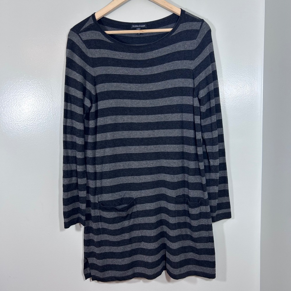 Eileen Fisher Striped Tunic Top Gray Black Italian Yarn Pockets Small Petite